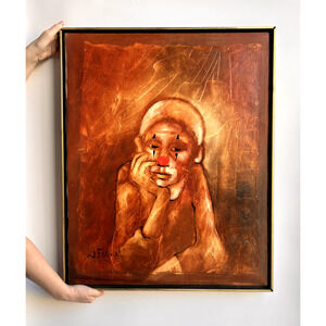 Josette Faguet Original Oil Painting Sad Clown Signed Vtg Framed Art J. Faguet